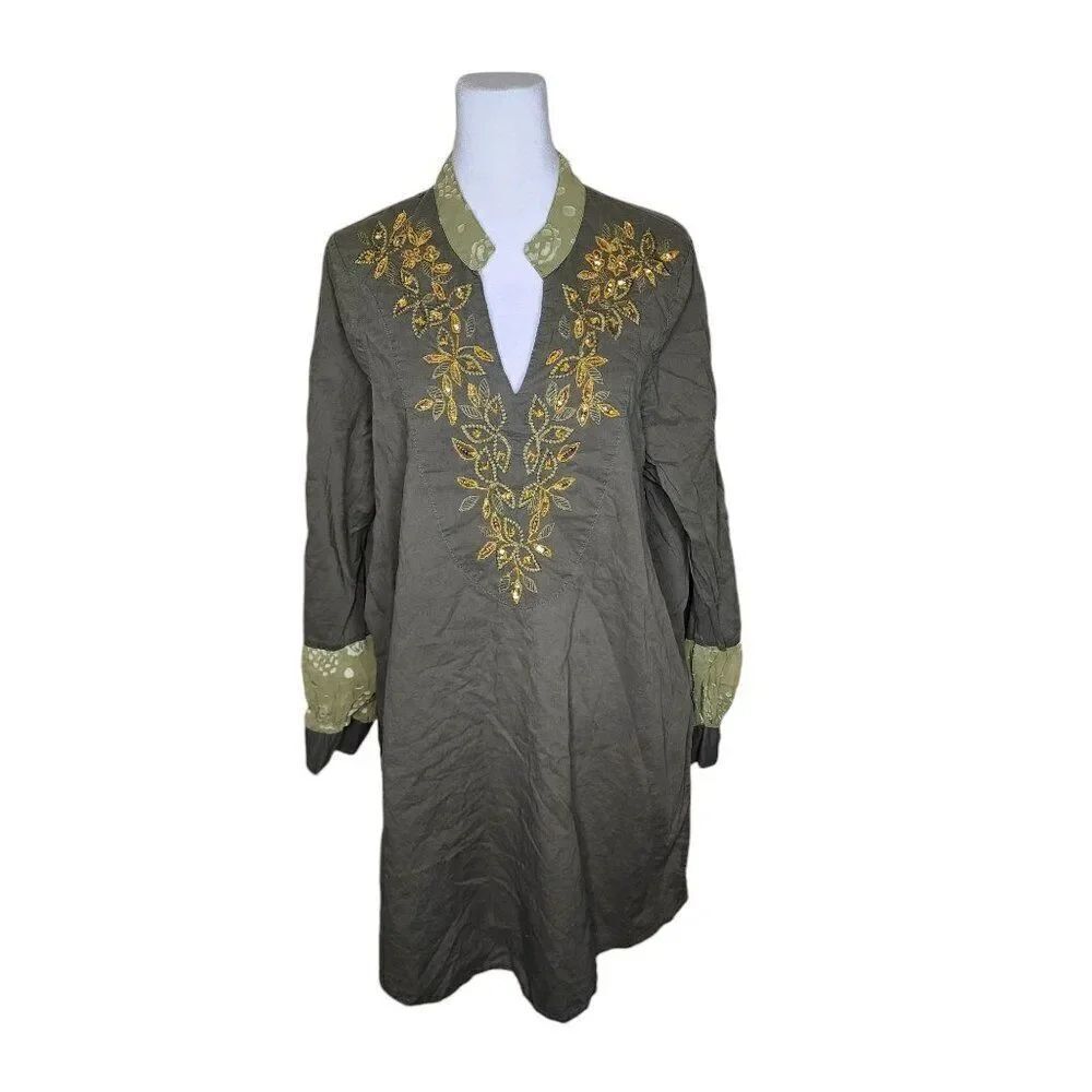 Ulla Popken Tunic Top Women Size 12 Green Long Sleeve VNeck Boho Sequin